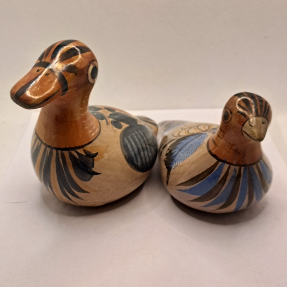 2 Mexican Tonala Pottery Bird Dove Pigeon and or Chick Figurine Hand Painted